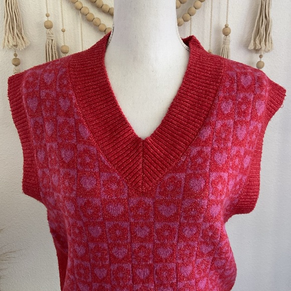 Nordstrom sweater tank top knit vest red pink heart checkerboard spring Y2K xs - Picture 5 of 16